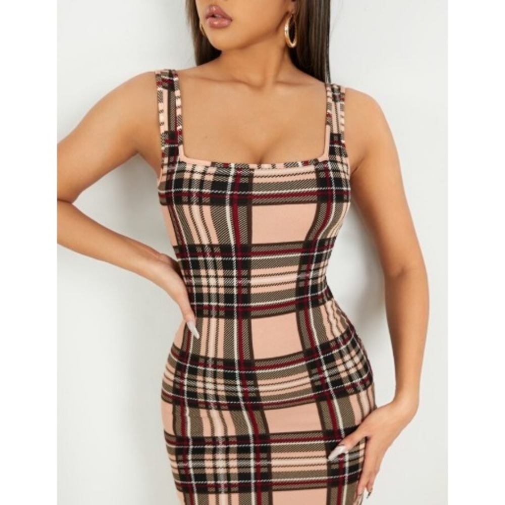 SHEIN Plaid Square Neck Bodycon Mini Dress Women Small Peach Black Academia Chic